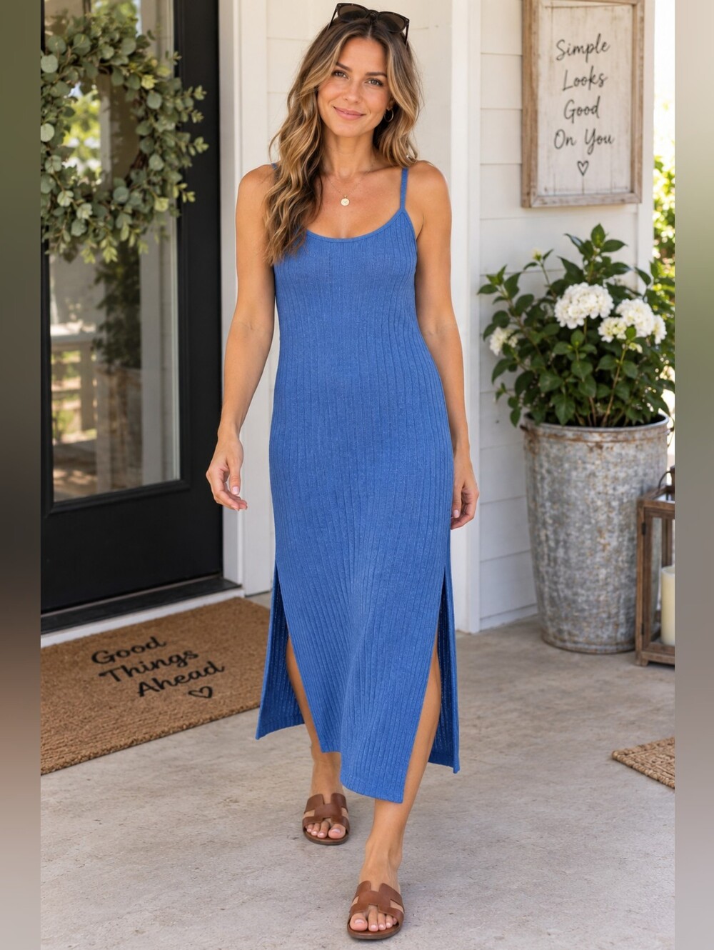 Lulus Blue Ribbed Knit Side Slit Maxi Dress